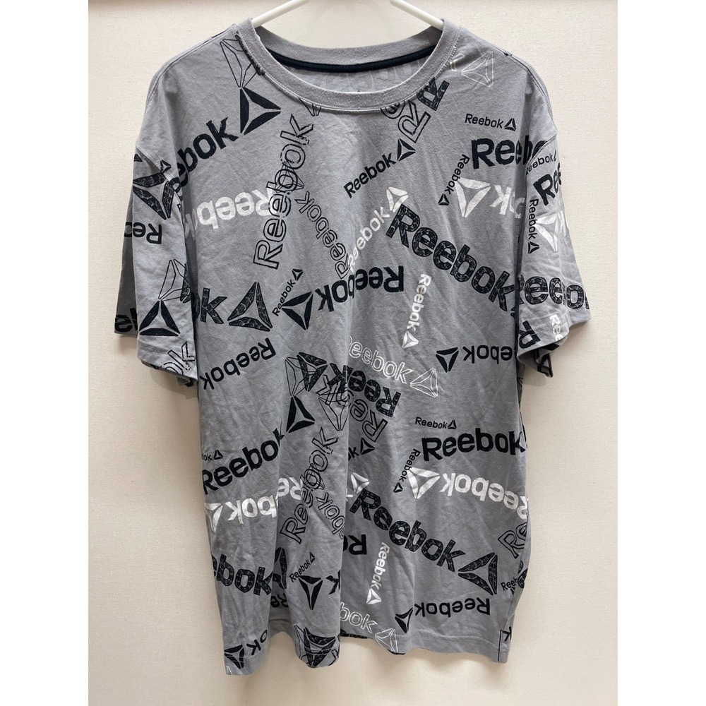 Reebok Mens All Over Print Logo T-Shirt Heather Gray XL Short Sleeve Tee